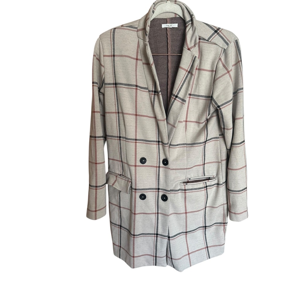 Maurices Womens Tan Plaid Longline Double Breasted Blazer Jacket Sz M